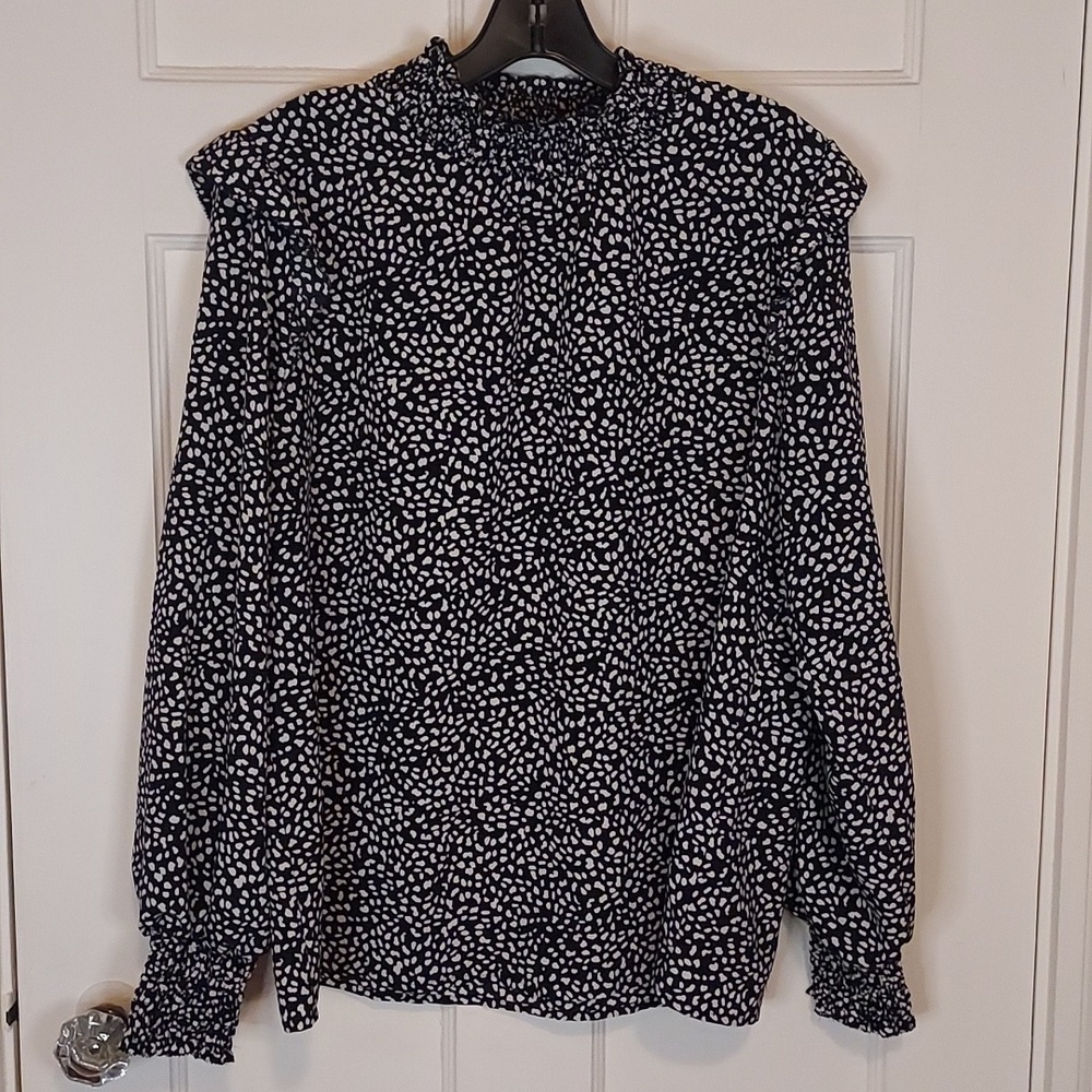 Sanctuary Animal Print Ruffle Blouse Black and White